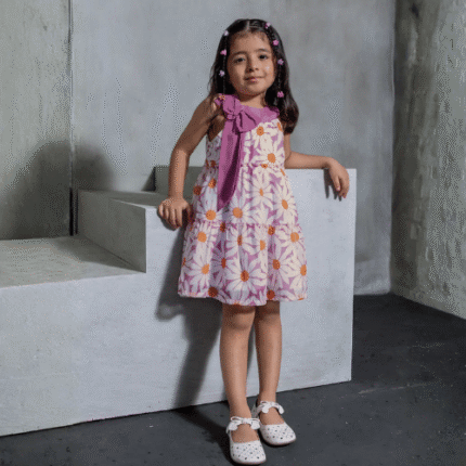 Floral Printed Girls Dress with Bow Detail